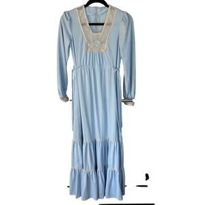Vintage Prairie Blue Maxi Dress Lace Tiered Western Pioneer Cottage Modest Folk